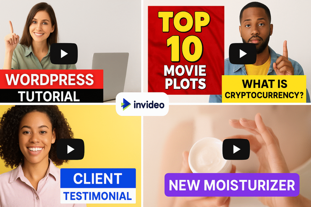 5 types de vidéos YouTube créées avec InVideo : tutoriel, top 10, explication, témoignage, présentation produit - style thumbnails YouTube