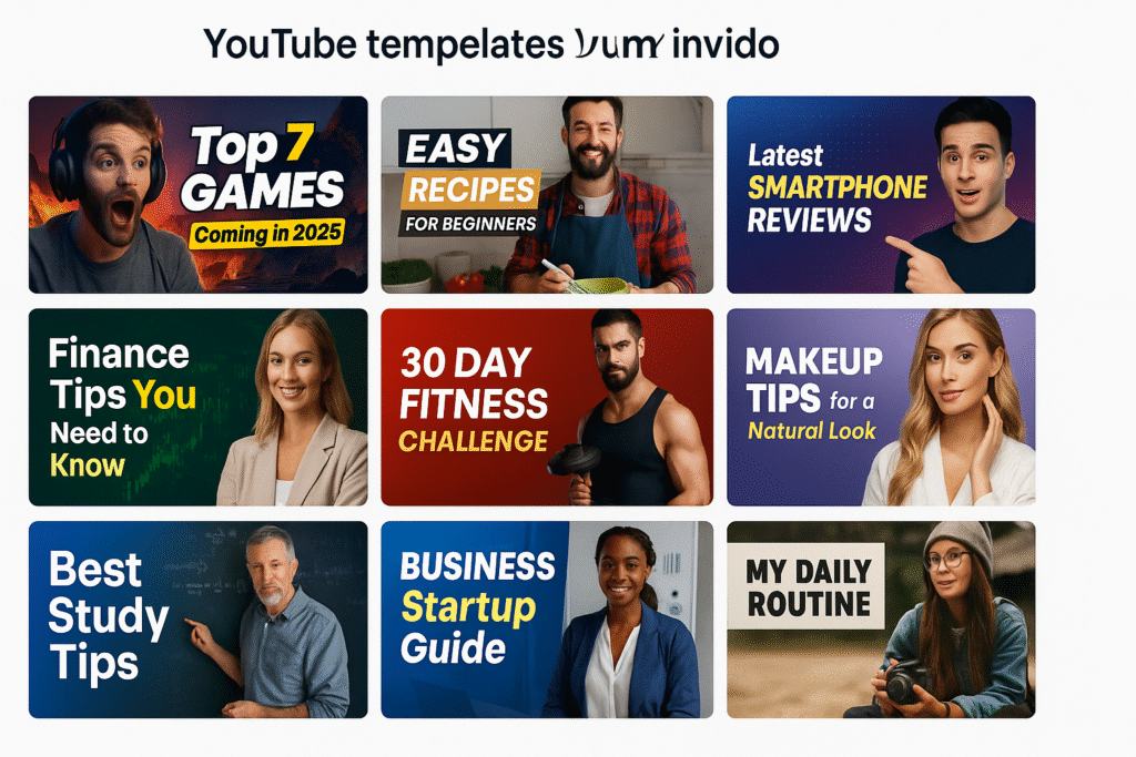 9 templates YouTube InVideo différents : gaming, cuisine, tech, finance, fitness, beauté, éducation, business, lifestyle - style mosaique professionnelle