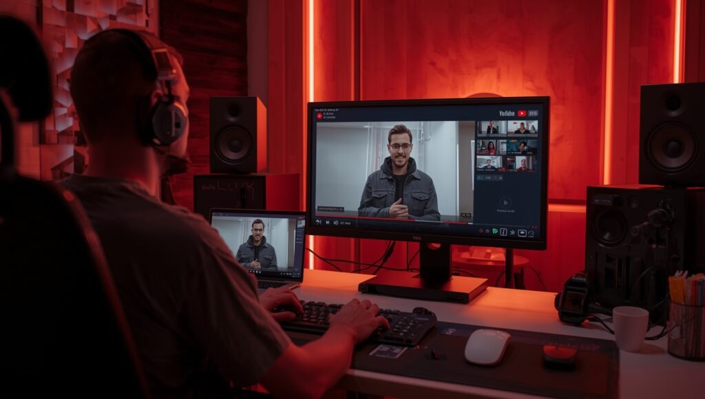 Créateur YouTube dans son studio utilisant InVideo AI sur son écran, interface visible, ambiance moderne et productive