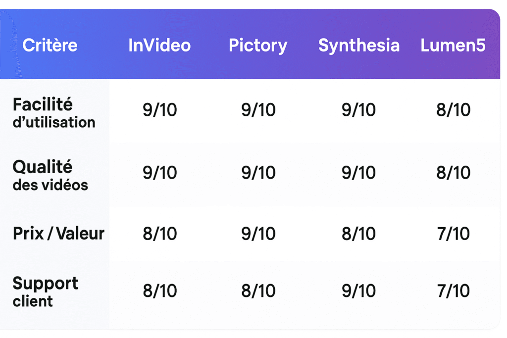 Tableau comparatif des meilleurs outils de création vidéo IA en 2025 : InVideo, Pictory, Synthesia, Lumen5