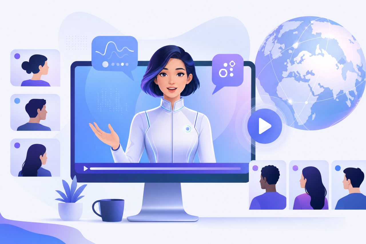 Illustration d un présentateur avatar IA sur un écran d ordinateur