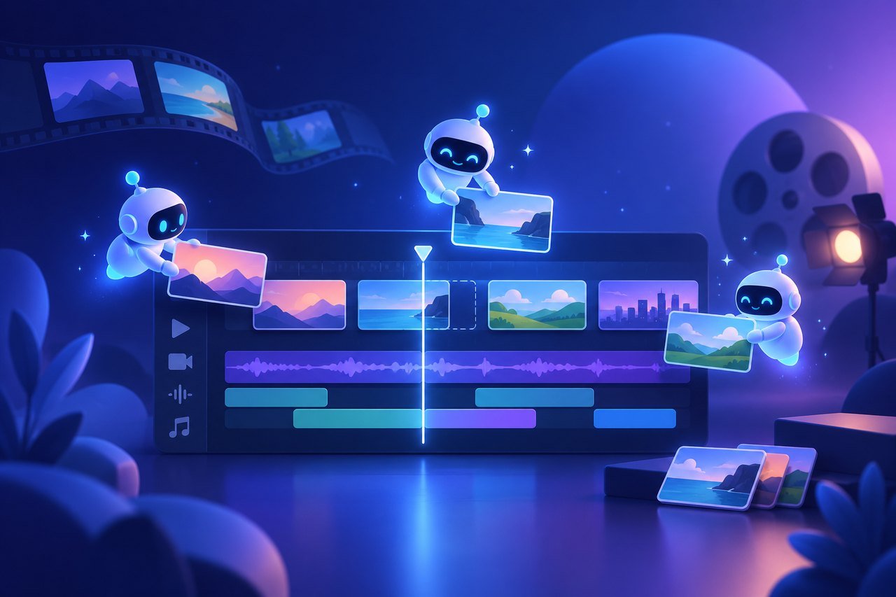 Illustration : petits agents IA qui disposent des clips sur une timeline de montage vidéo