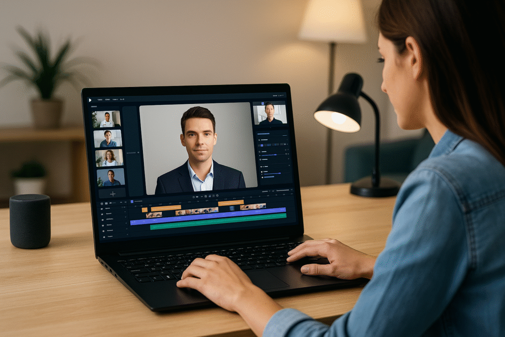 Femme travaillant sur ordinateur portable moderne avec interface d’édition vidéo IA, style lumineux et créatif