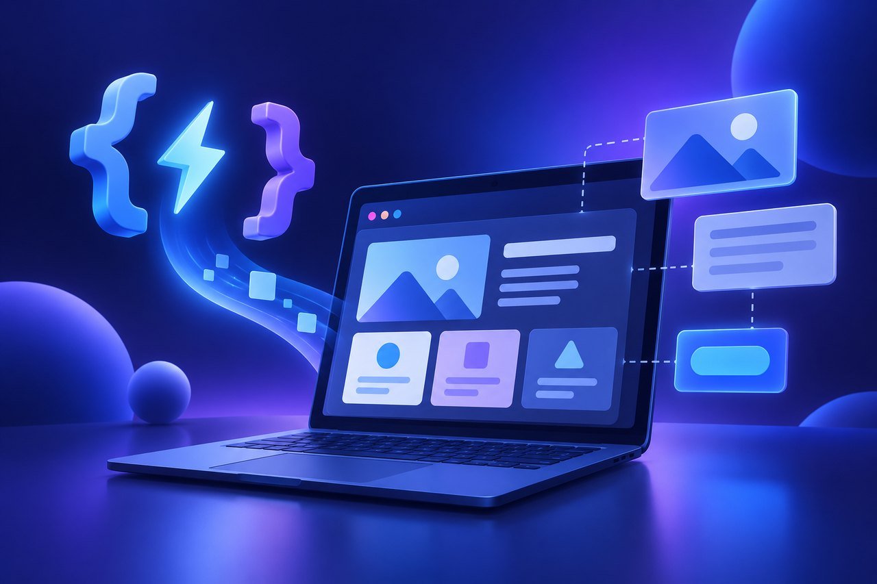 Illustration : ordinateur portable avec accolades de code et éclair assemblant une interface