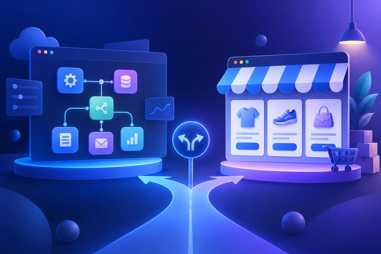 Illustration : application web à logique de nœuds face à une vitrine de boutique en ligne