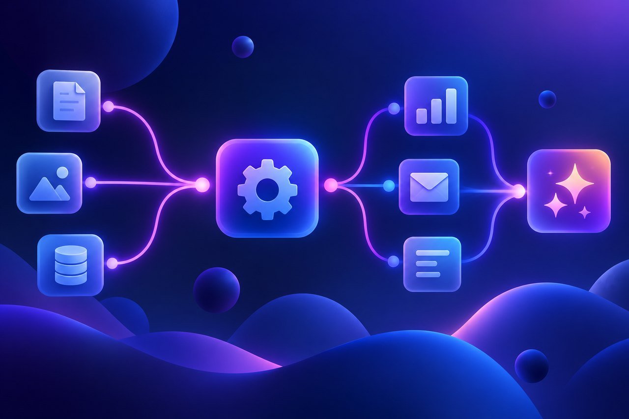 Illustration : scénario d'automatisation avec nœuds reliés par des courbes violettes