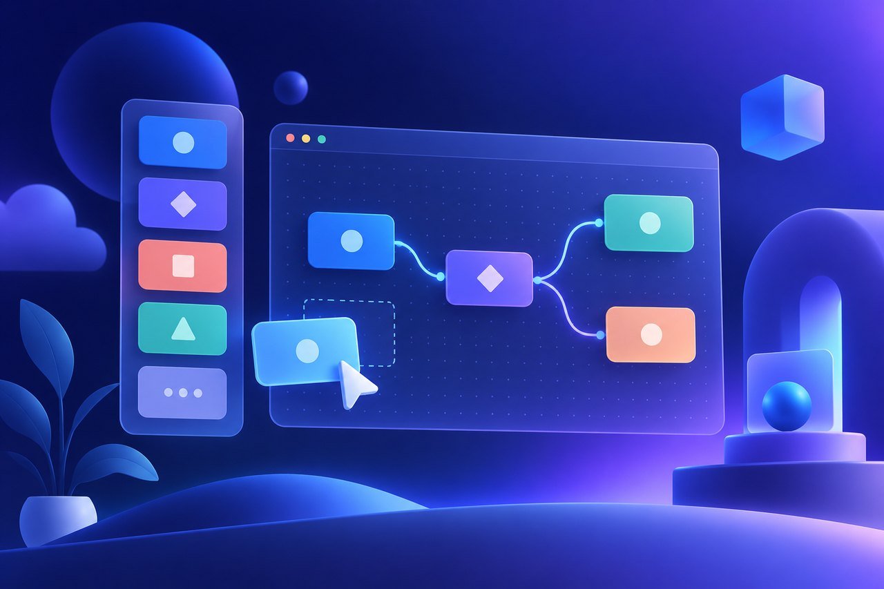 Illustration : canevas no-code avec blocs déplaçables et workflow visuel