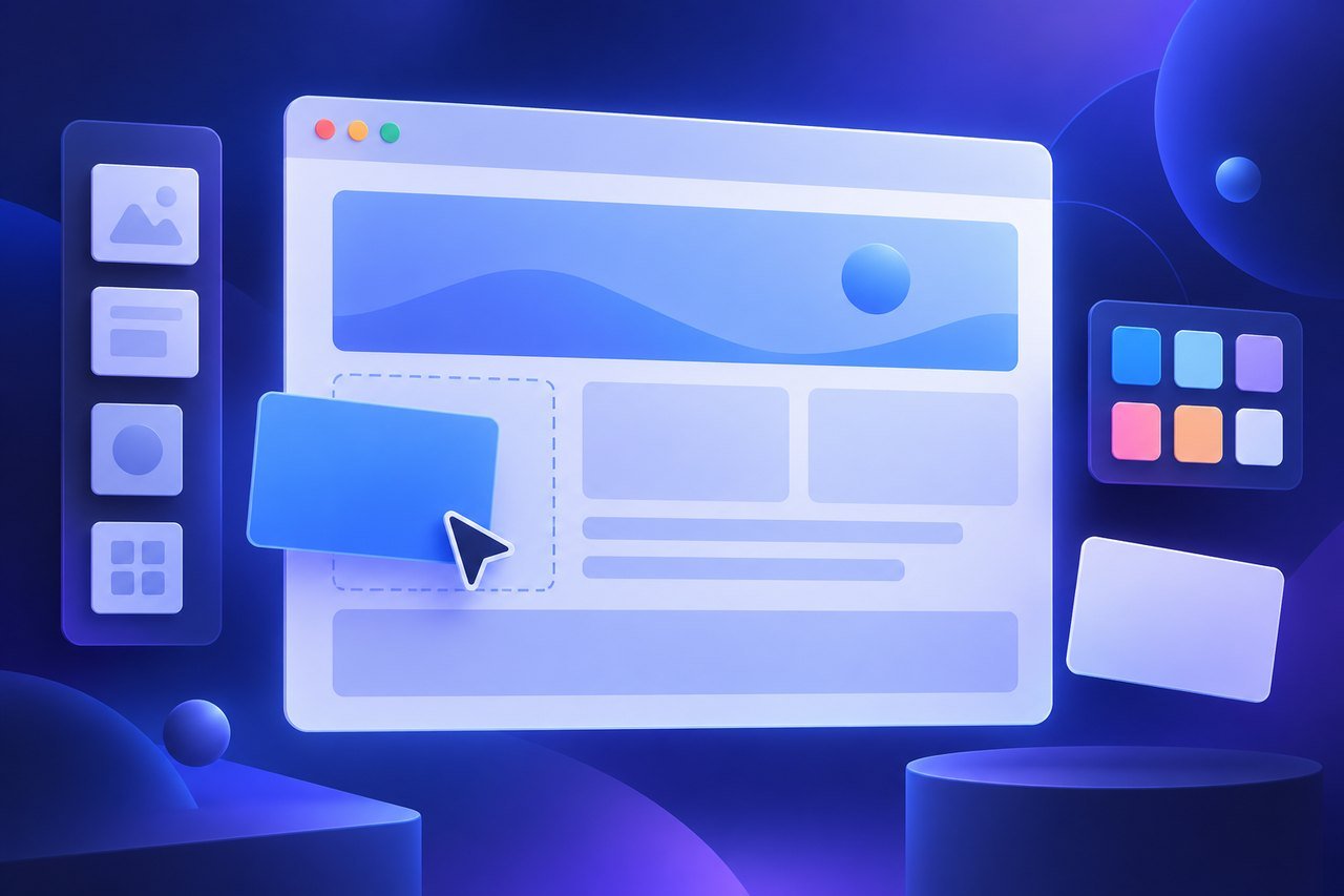 Illustration : fenêtre de navigateur avec blocs de design à glisser pour créer un site