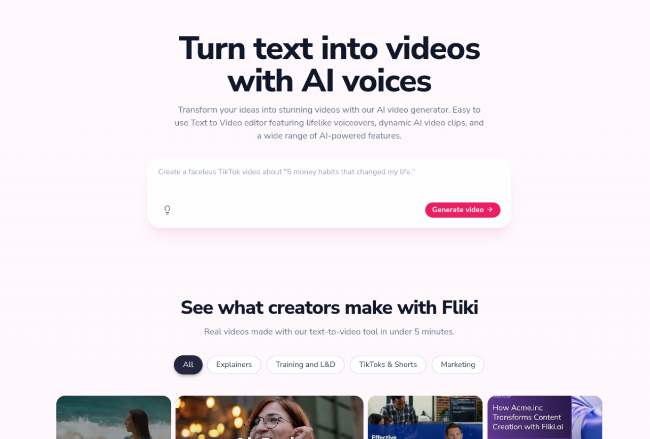 Page d'accueil de Fliki : transformer un texte en vidéo avec des voix IA