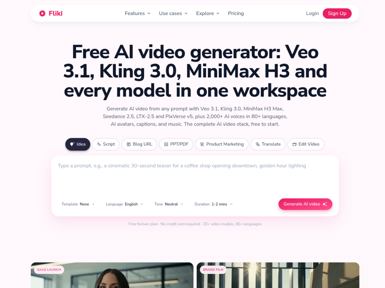 Page du générateur de vidéo IA de Fliki avec les entrées idée, script, URL de blog, PPT et PDF