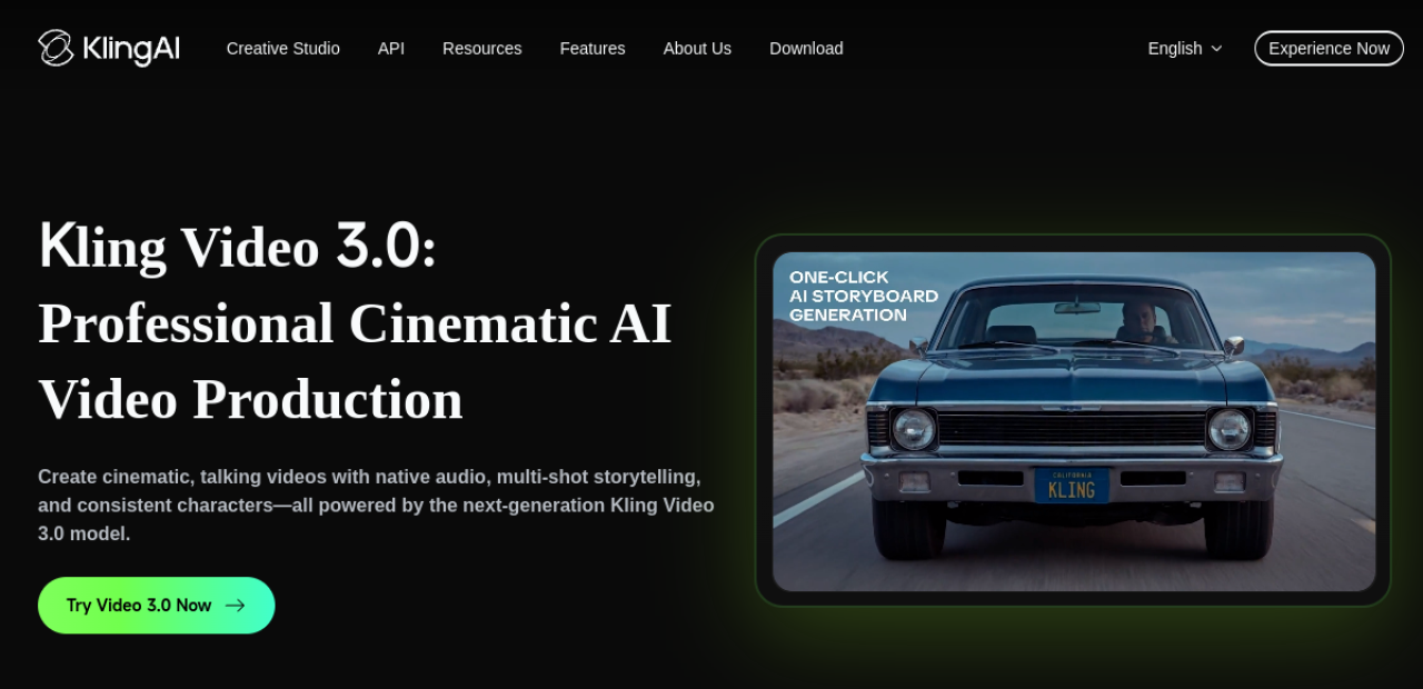 Page de présentation de Kling Video 3.0, générateur de vidéo avec son natif