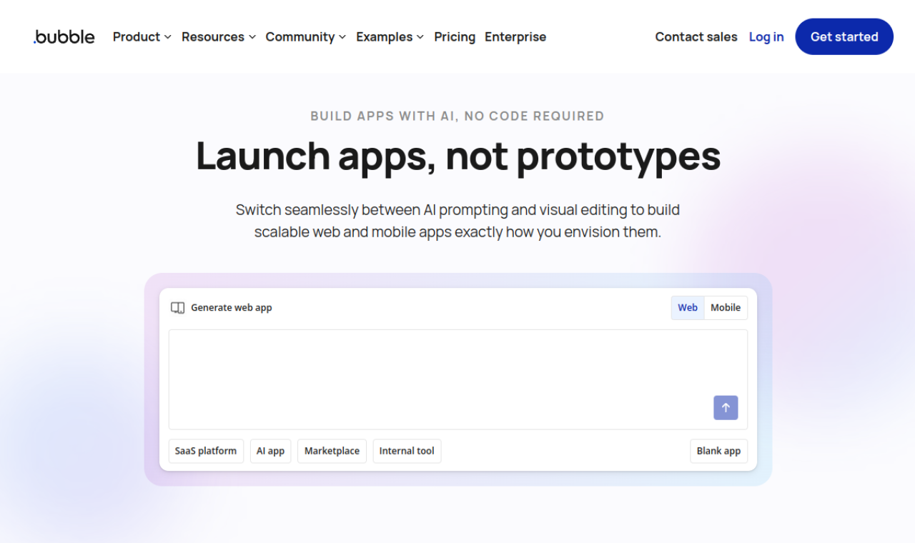 Page d'accueil de Bubble : construire des applications avec l'IA sans écrire de code