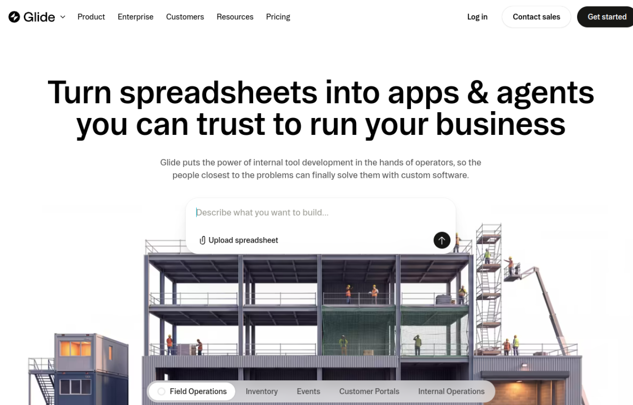 Page d'accueil de Glide : transformer des tableurs en applications et en agents
