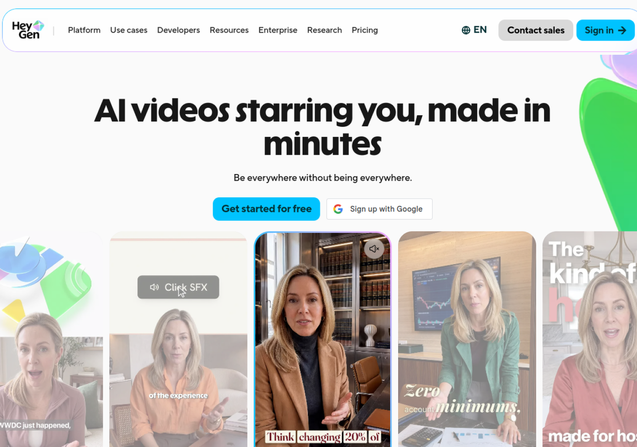 Page d'accueil de HeyGen, avatars IA et vidéos générées