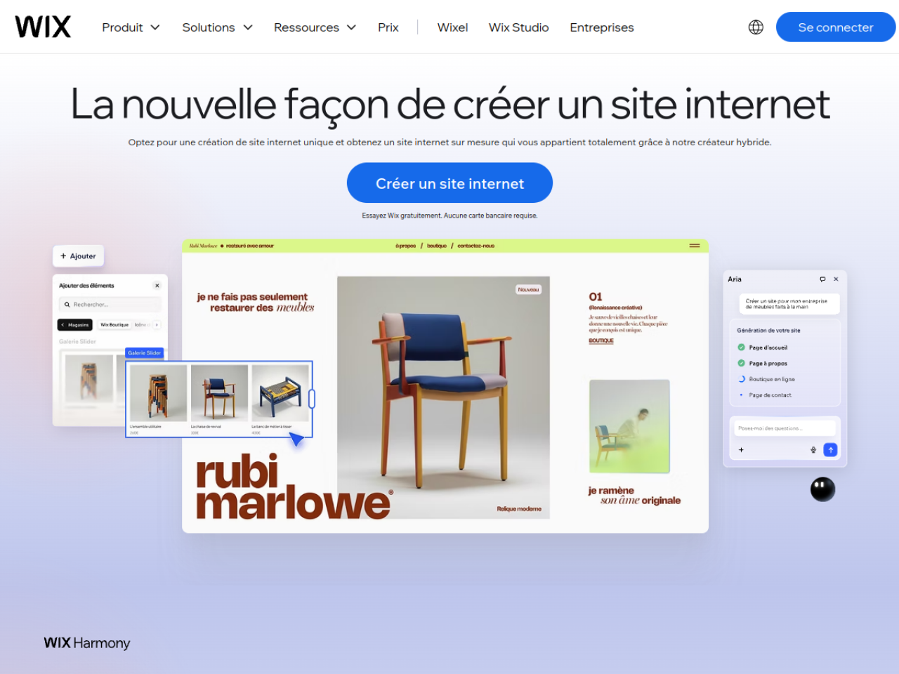 Page d'accueil de Wix : le créateur de site hybride avec l'assistant Aria