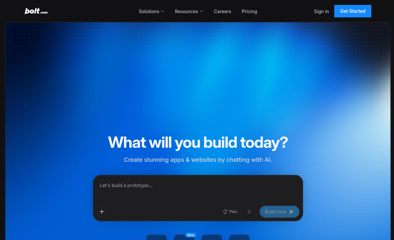 Page d'accueil de Bolt.new avec la zone de saisie du prompt et les modes site web, présentation, application et prototype