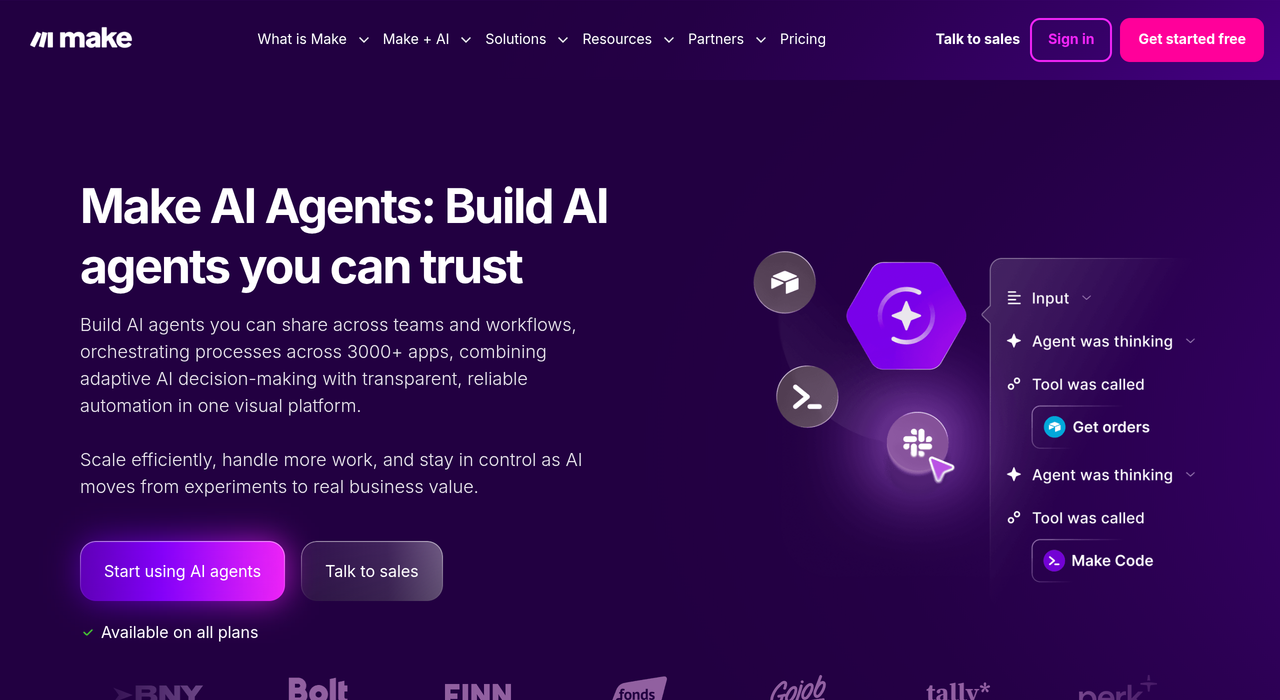 Page Make AI Agents : construire des agents IA qui orchestrent des processus sur plus de 3 000 applications