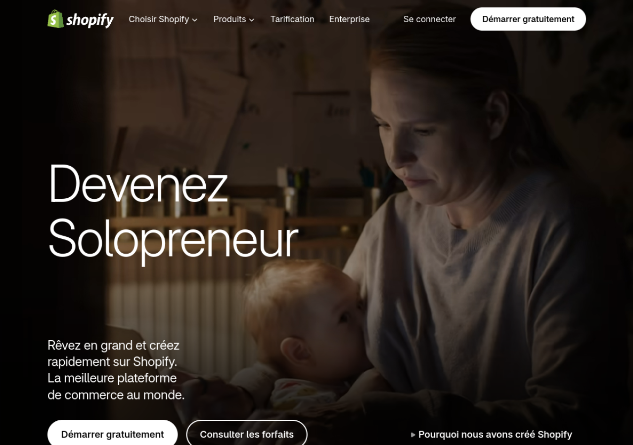 Page d'accueil de Shopify France : « Devenez Solopreneur » avec le bouton Démarrer gratuitement