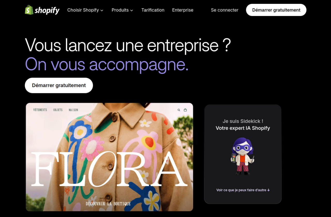 Page Sidekick de Shopify : « Je suis Sidekick, votre expert IA Shopify »