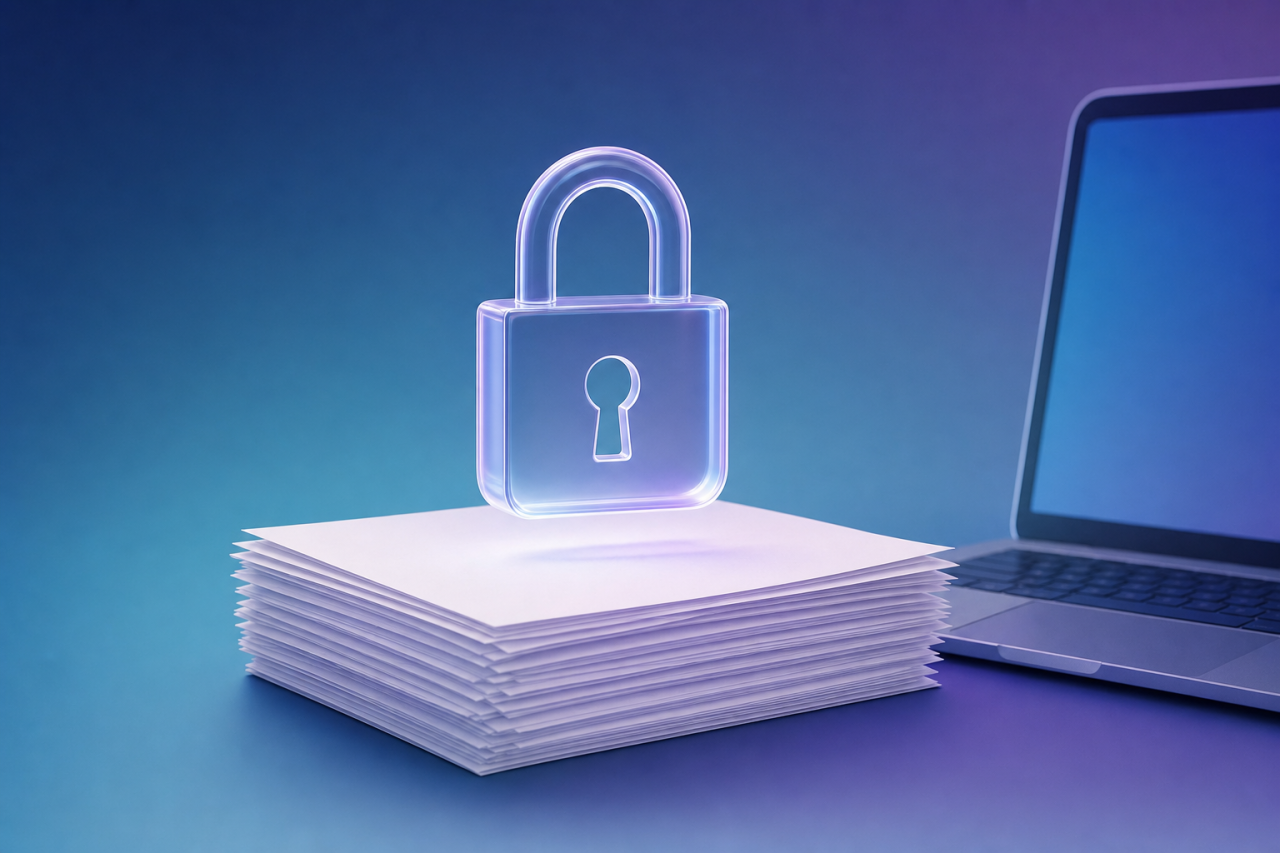 Cadenas translucide posé sur une pile de documents à côté d un ordinateur portable, illustration de la sécurité des fichiers PDF