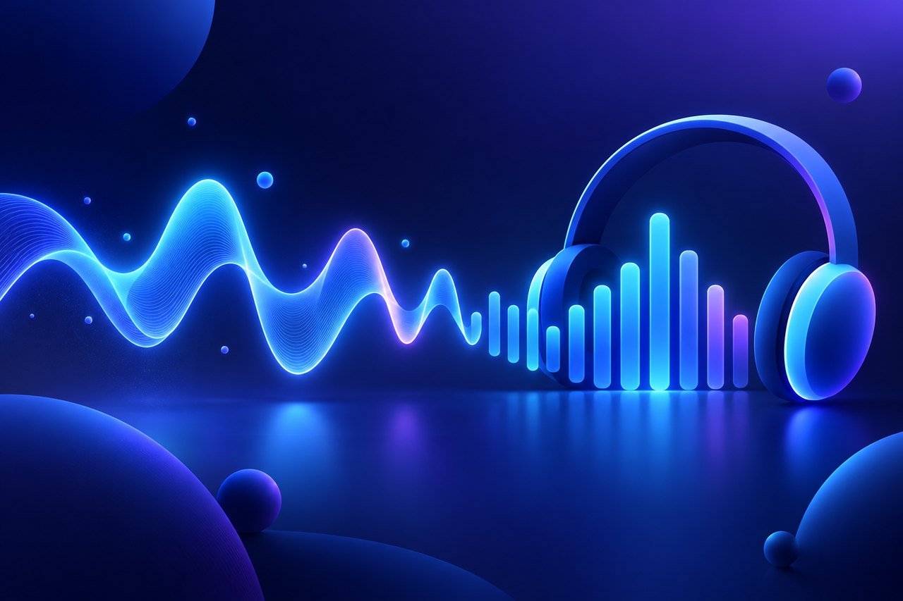 Illustration : onde sonore lumineuse devenant barres d'égaliseur et casque audio