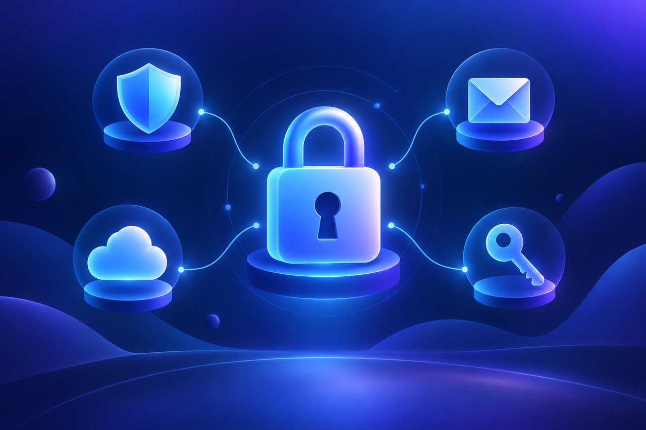 Illustration : bouclier, enveloppe, cloud et clé reliés autour d'un cadenas central