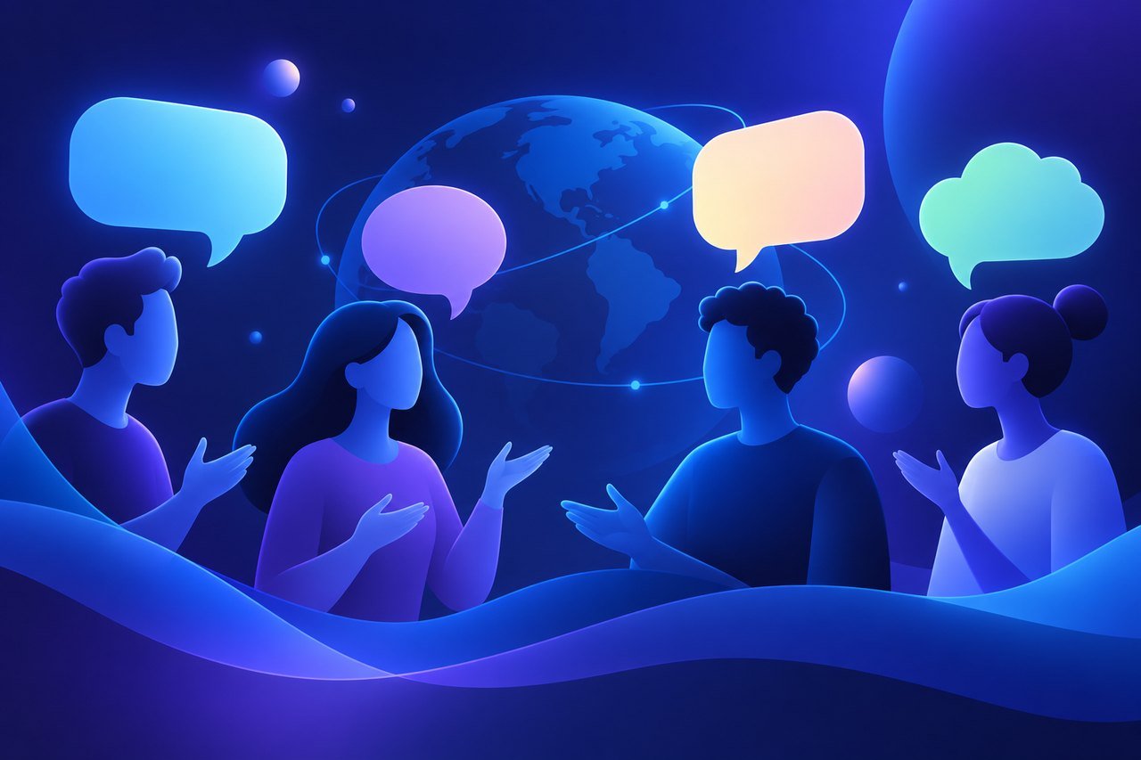 Illustration : silhouettes de présentateurs avec des bulles de parole de plusieurs langues
