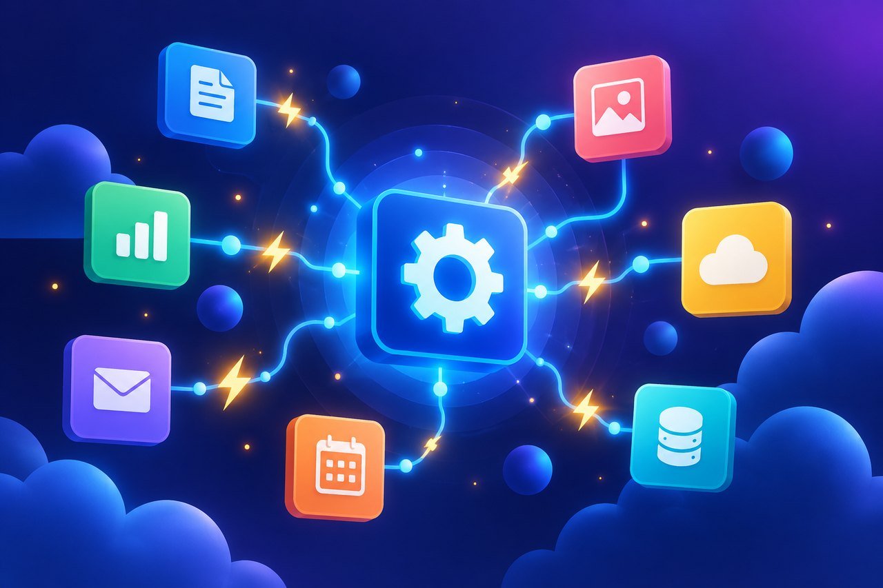 Illustration : applications colorées reliées par des éclairs autour d'un engrenage central