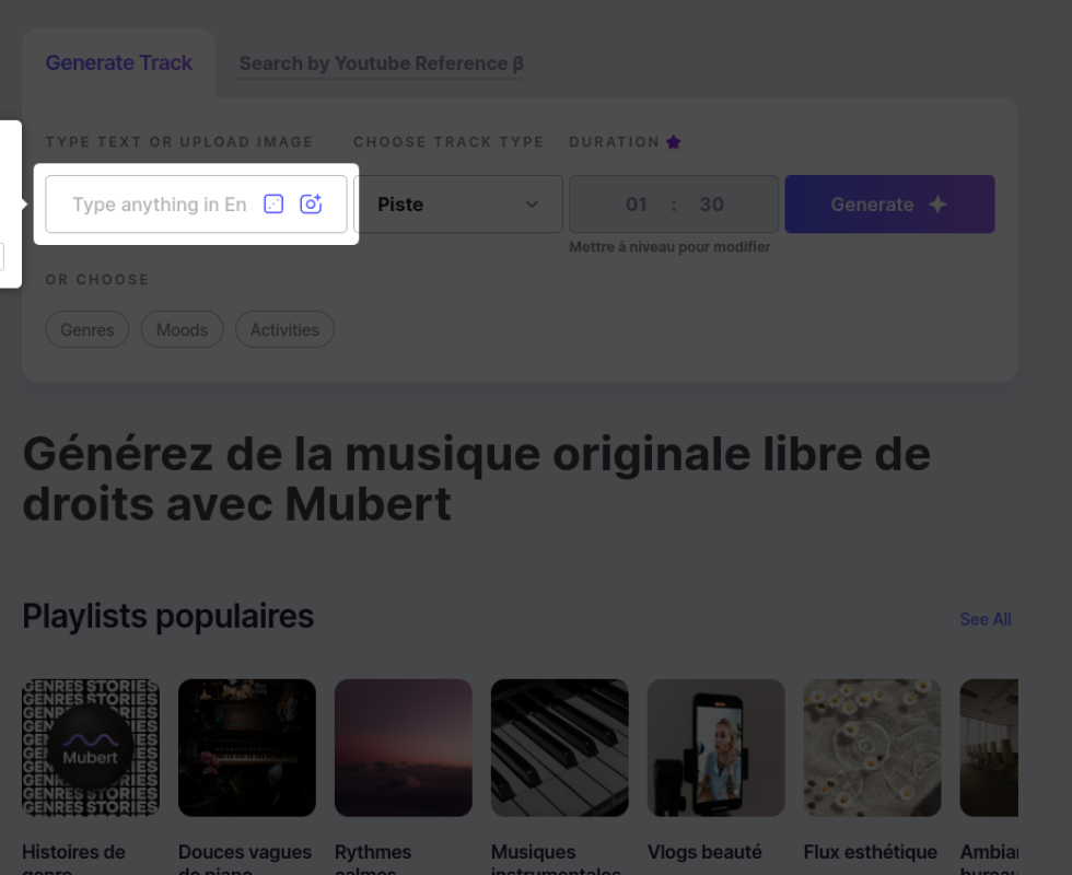 Interface de génération de Mubert avec la zone de texte, le type de piste, la durée et les playlists populaires