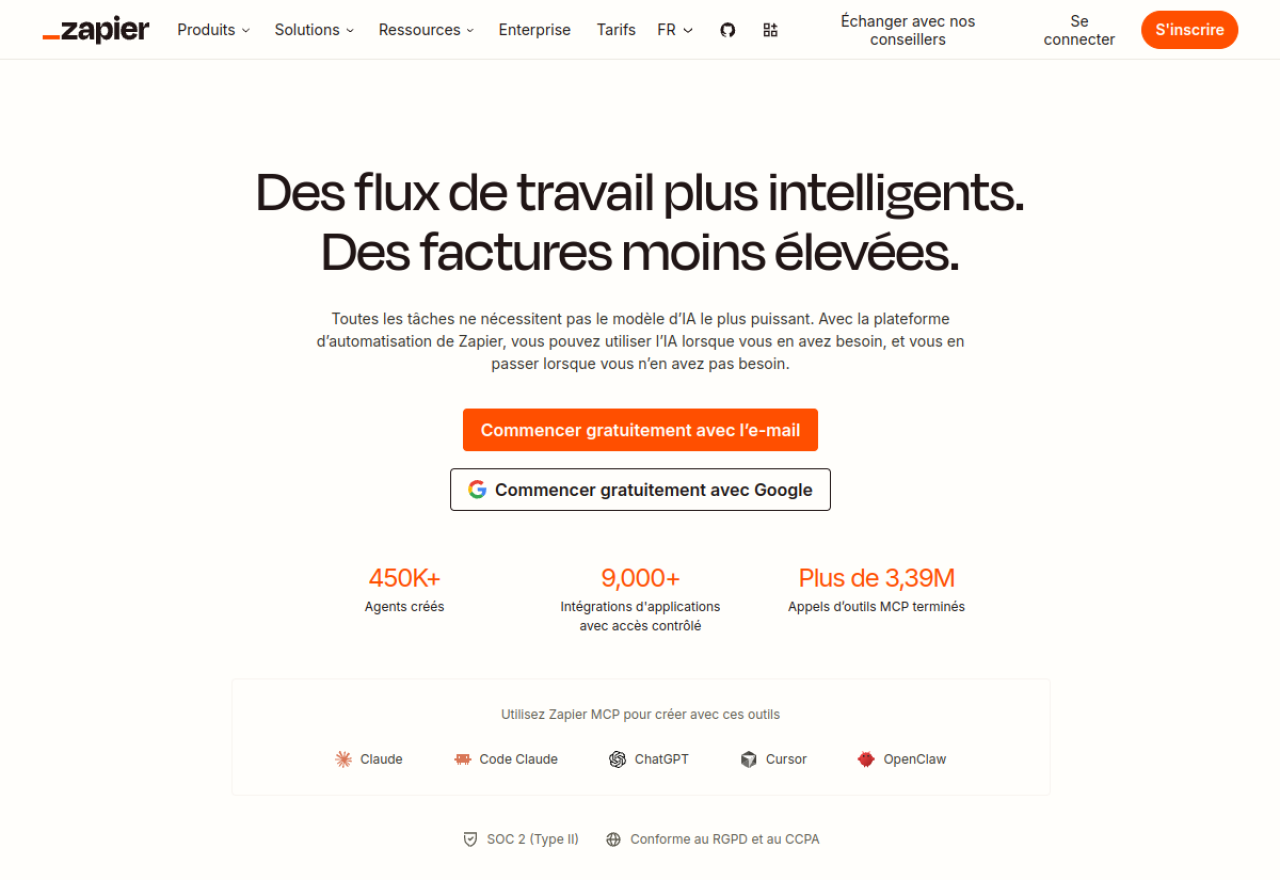 Page d'accueil de Zapier en français avec le sélecteur de langue FR et le bouton Commencer gratuitement