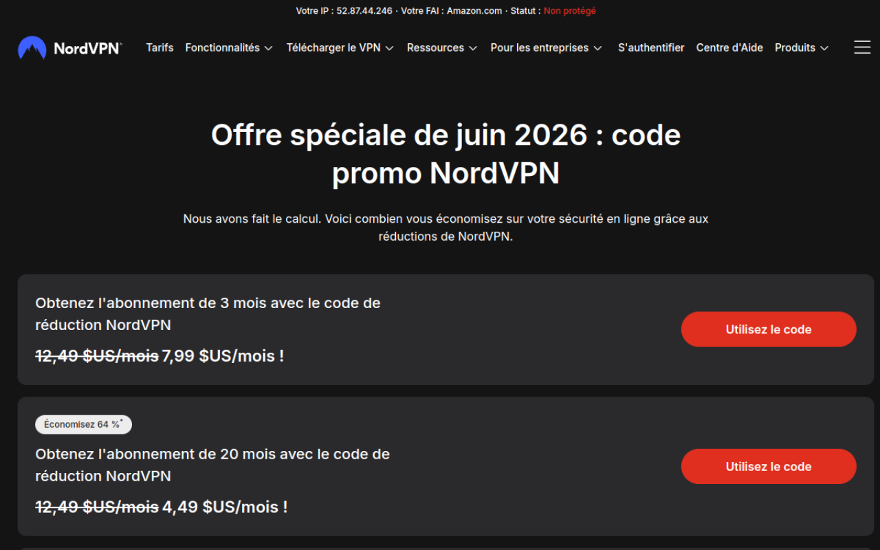 Page des codes promo et offres NordVPN