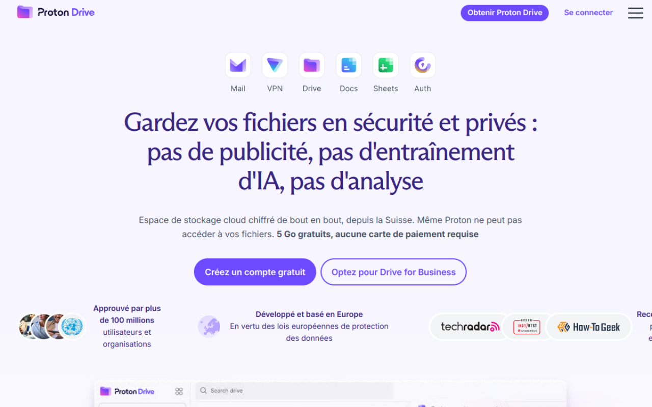 Page d'accueil de Proton Drive, stockage cloud chiffré de bout en bout