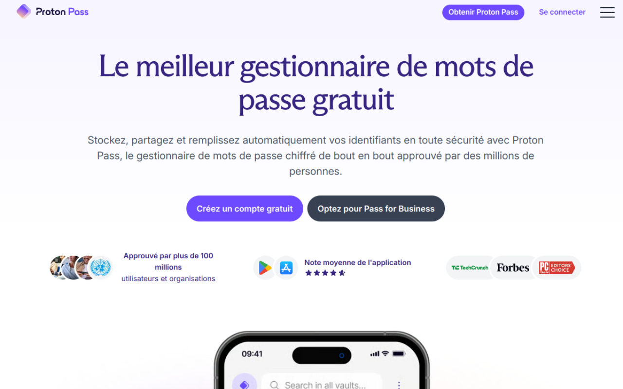 Page d'accueil de Proton Pass annonçant un gestionnaire de mots de passe gratuit