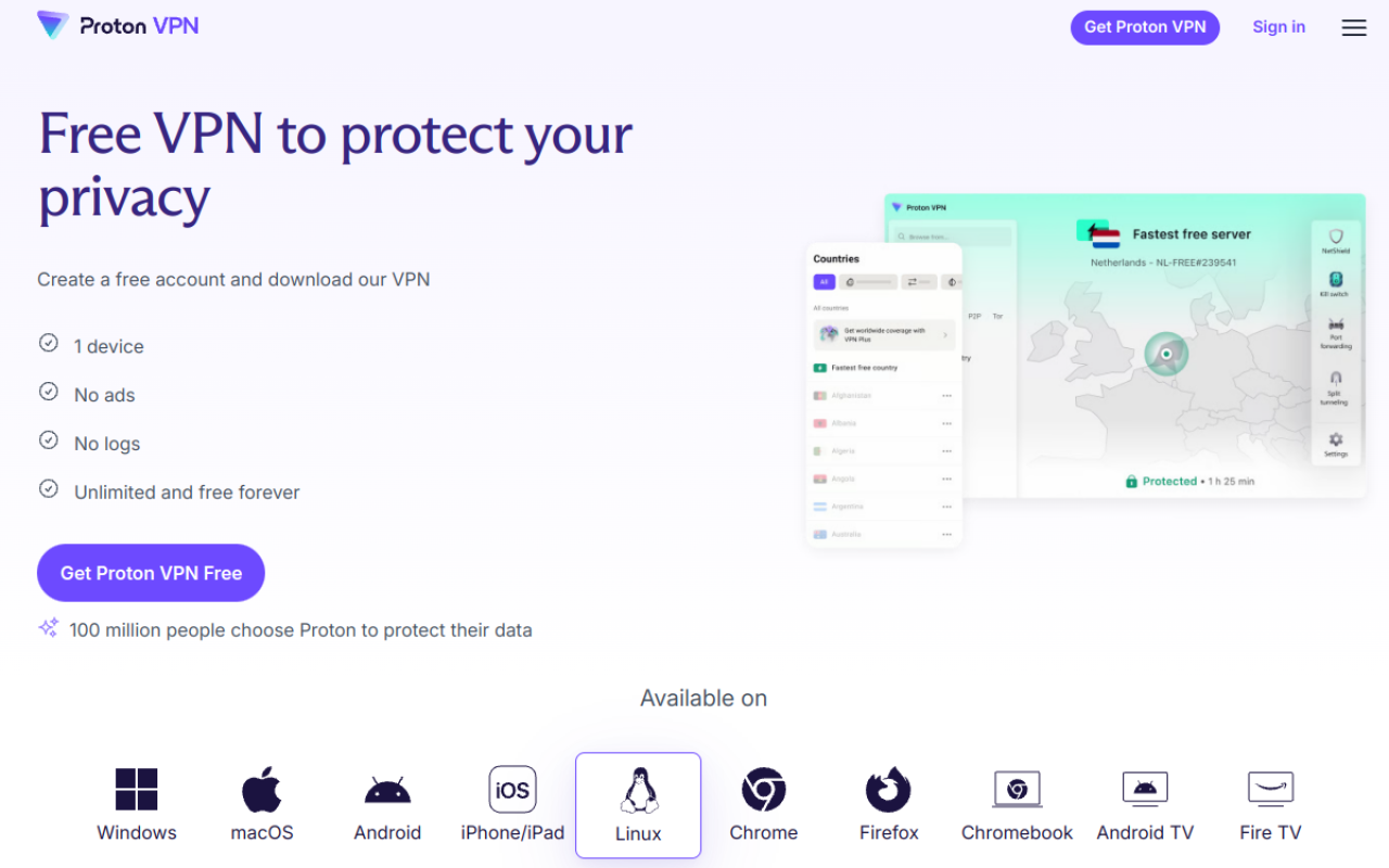 Page Proton VPN gratuit