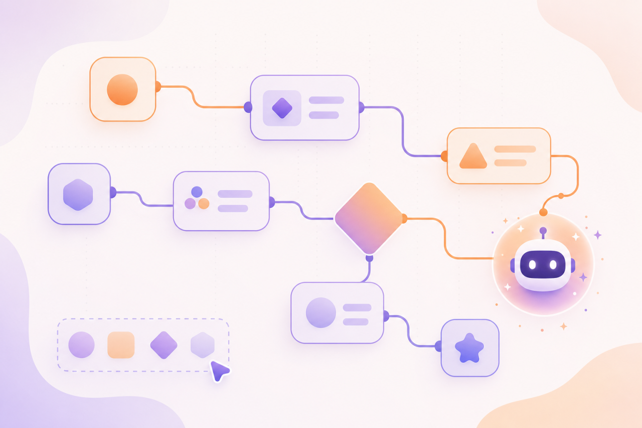 Illustration de workflows reliés avec une icône d agent IA