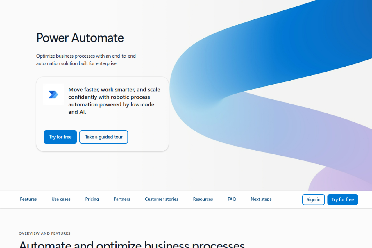 Page de présentation de Microsoft Power Automate : automatisation de processus par low-code et IA