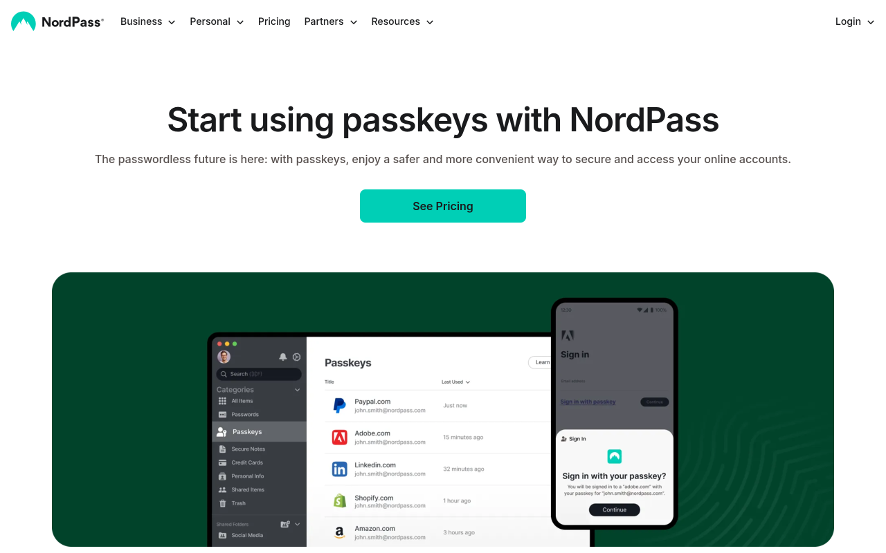 Interface NordPass avec la liste des passkeys stockées dans le coffre