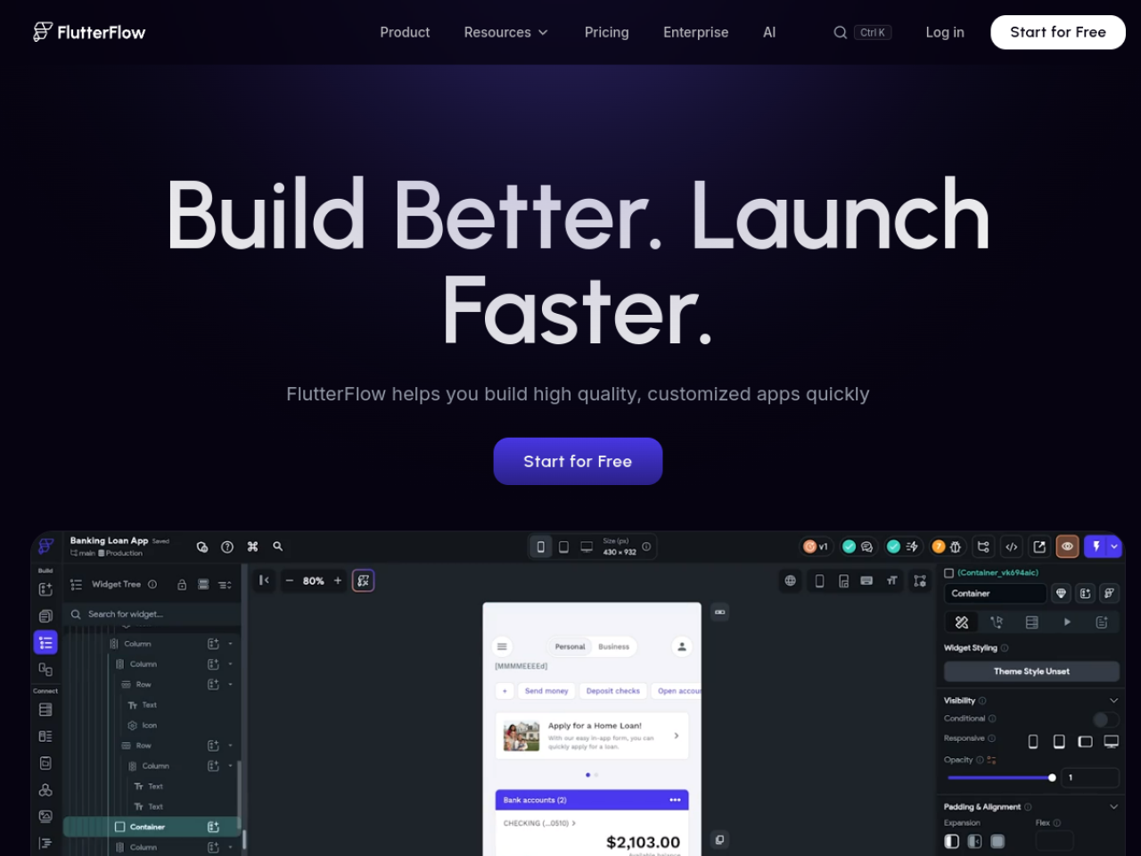 Page d'accueil de FlutterFlow : éditeur visuel d'applications