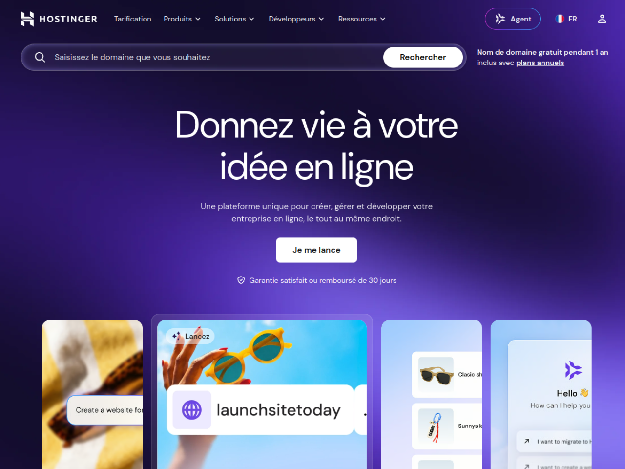 Page d'accueil de Hostinger France : donnez vie à votre idée en ligne