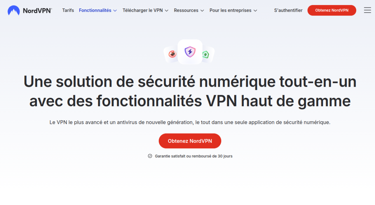 Page fonctionnalités de NordVPN présentant le VPN et l'antivirus de nouvelle génération