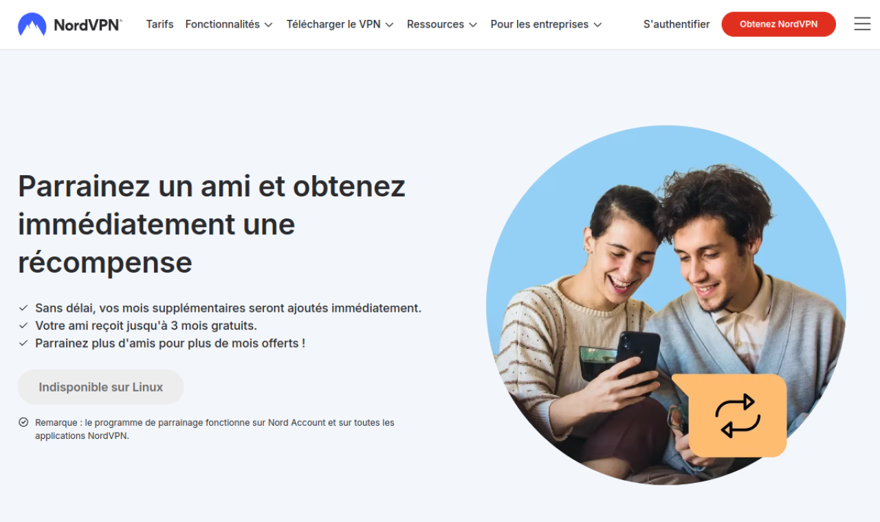 Page parrainage NordVPN : parrainez un ami et obtenez une récompense
