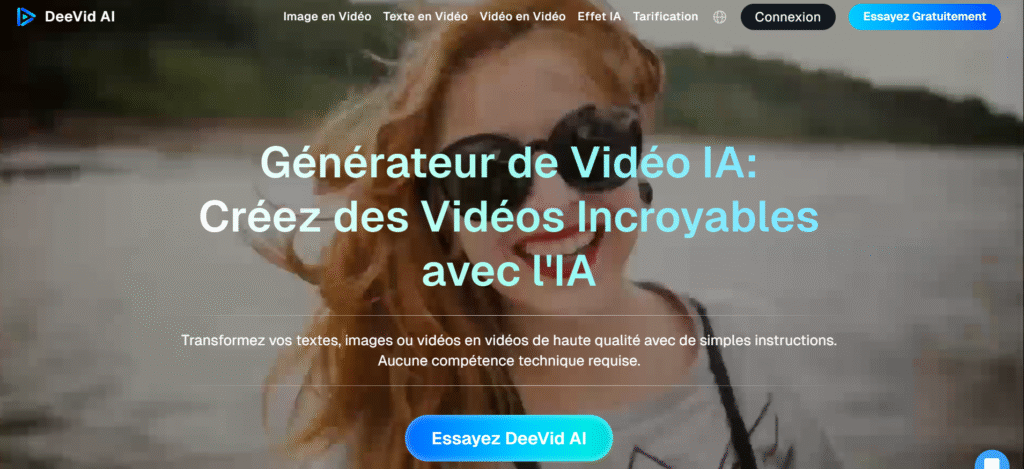 Interface de DeeVid AI montrant les options de génération vidéo par intelligence artificielle