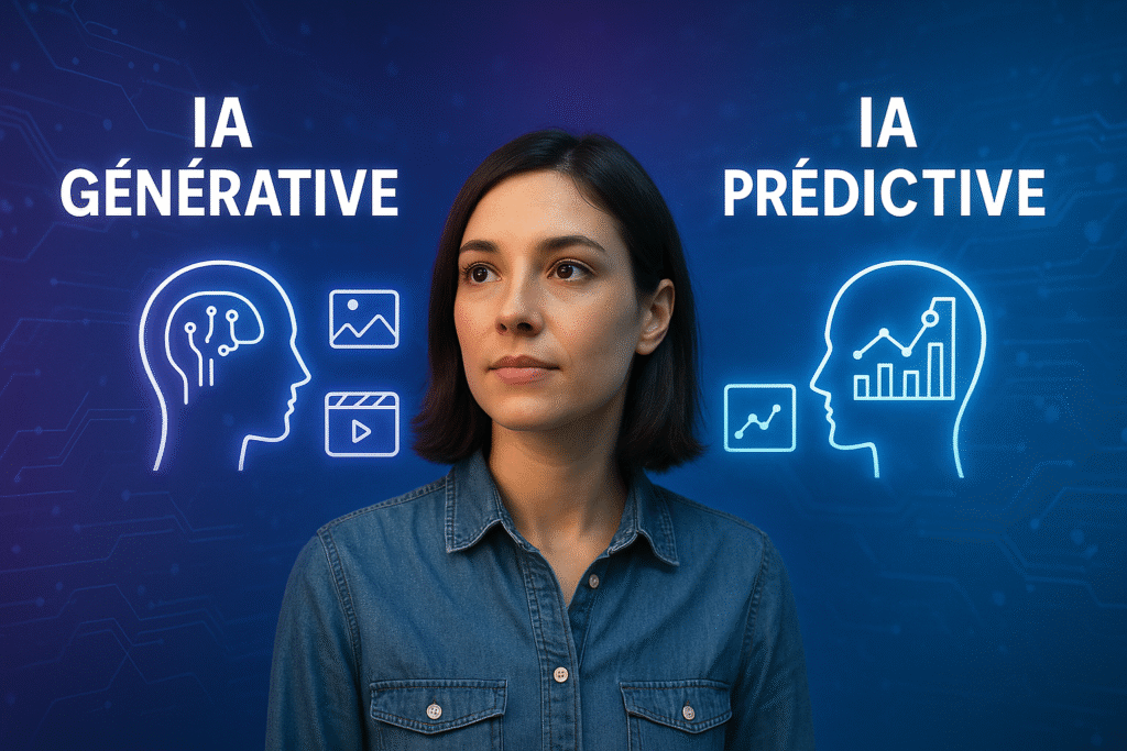 Une femme réfléchissant entre deux intelligences artificielles symbolisant l’IA générative et l’IA prédictive, avec un fond technologique bleu et violet.