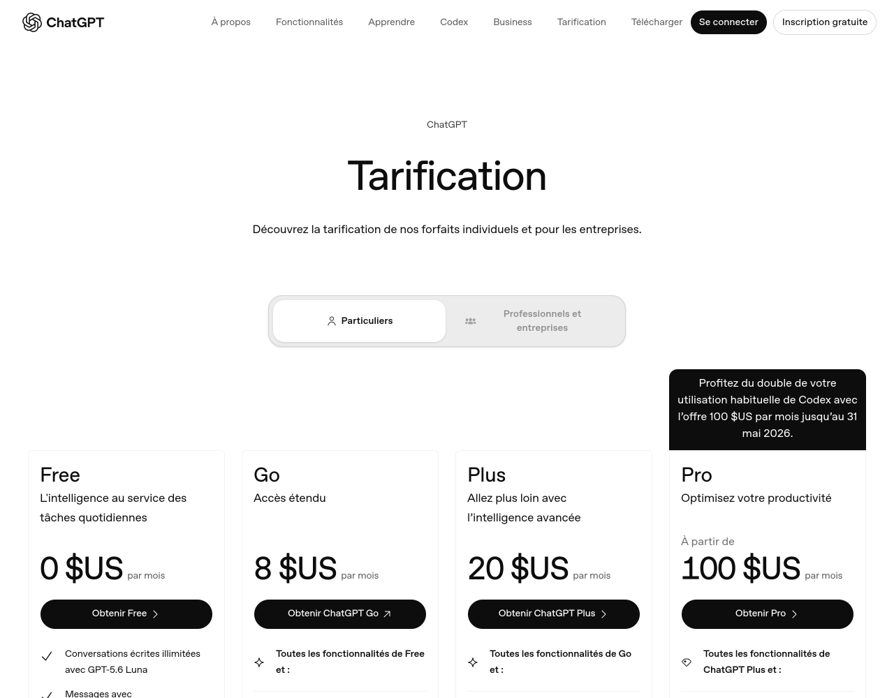 Page tarifs de ChatGPT avec les formules Free, Go, Plus et Pro