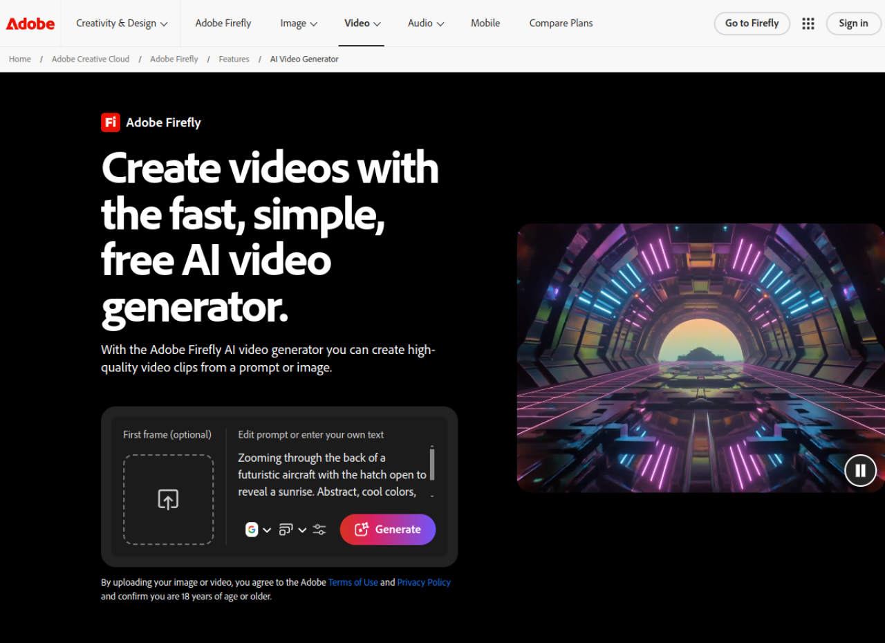 Générateur de vidéo d'Adobe Firefly avec son champ de première image optionnelle