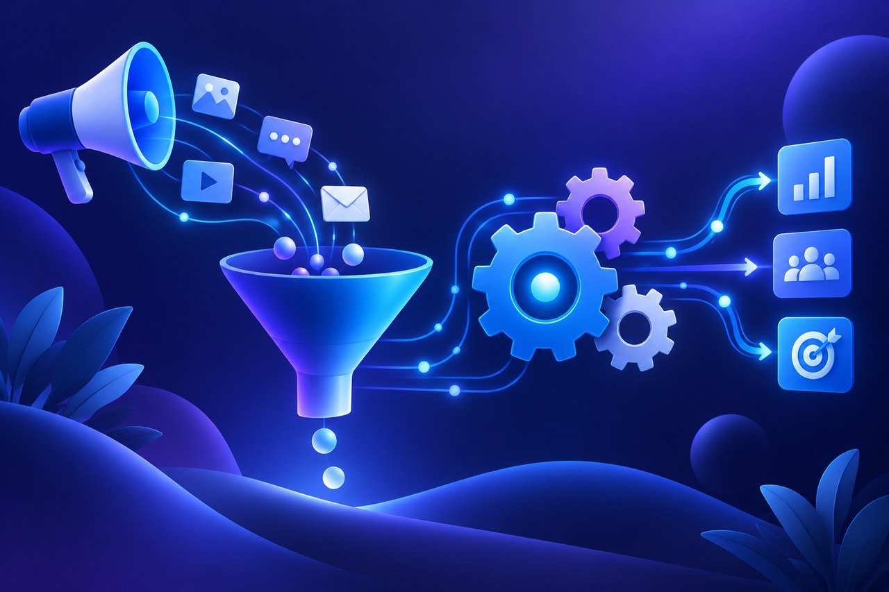 Illustration : mégaphone, entonnoir et engrenages pour l'automatisation du marketing
