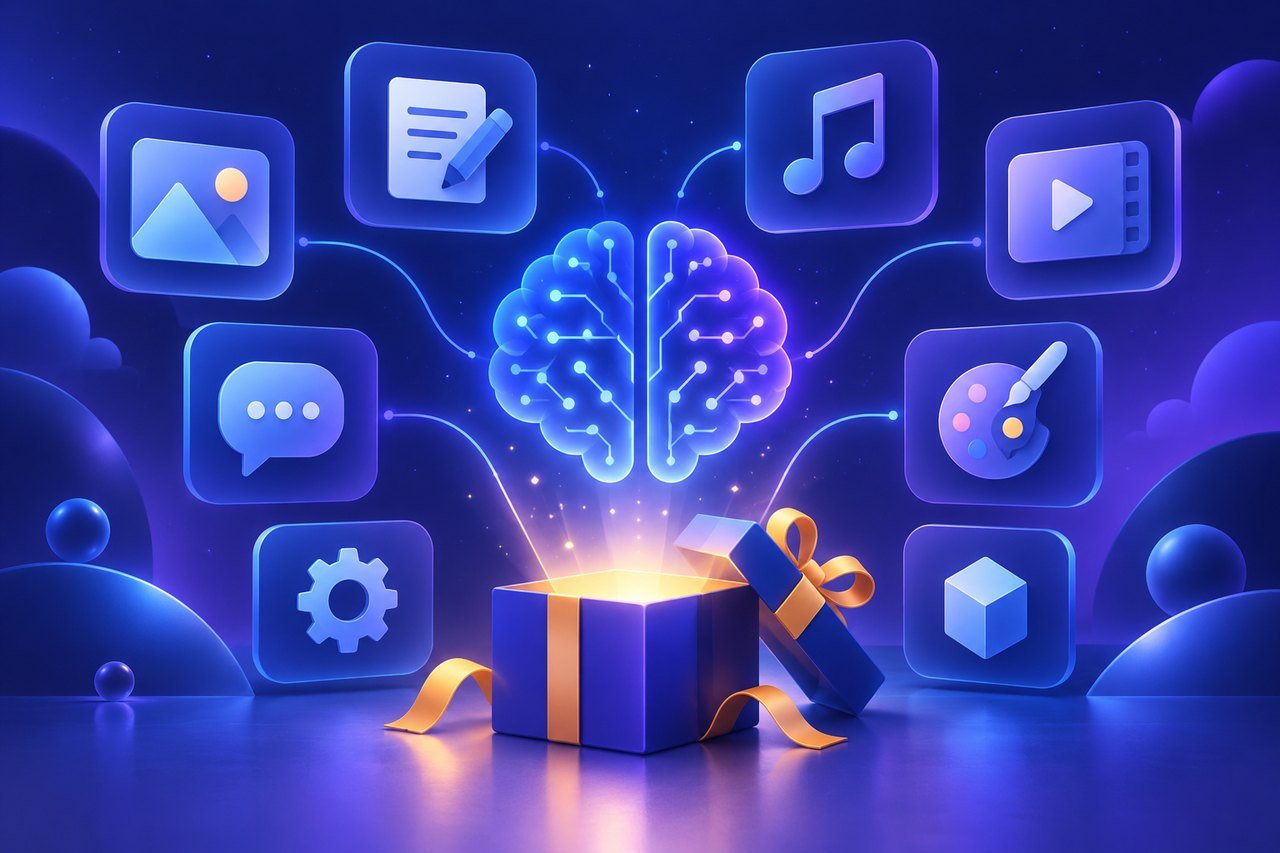 Illustration : grille d'outils lumineux autour d'un cerveau IA et d'un coffret cadeau