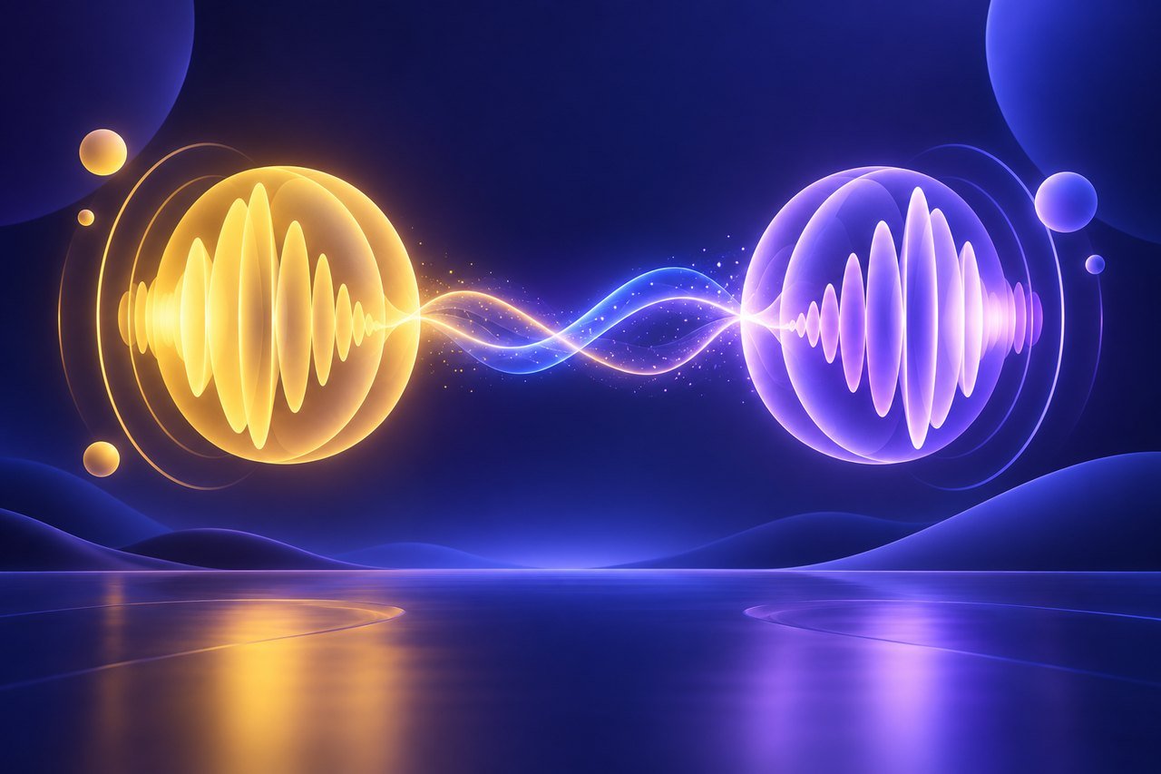 Illustration : deux orbes d'ondes sonores, l'un jaune, l'autre violet, reliés par une onde