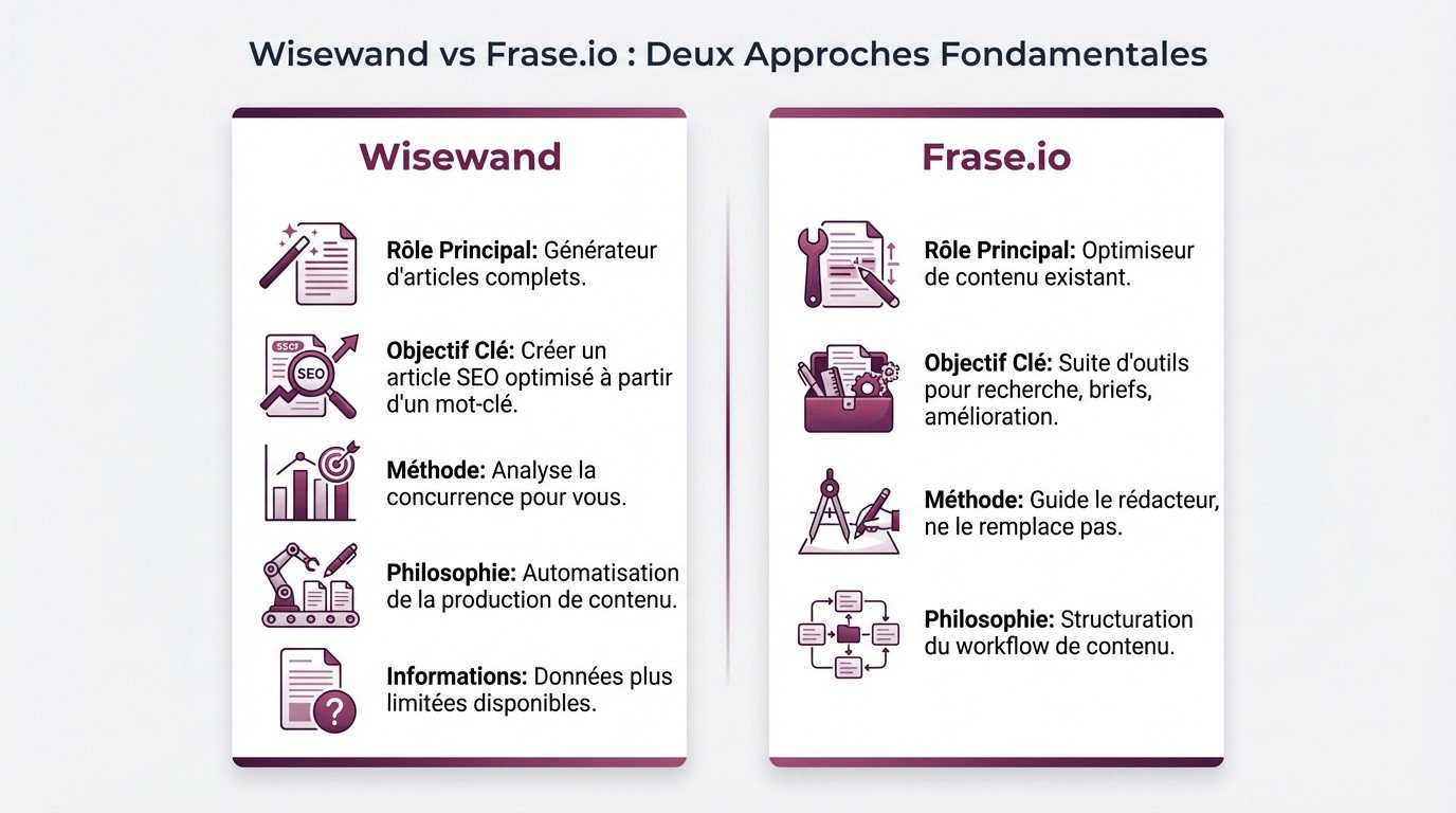 Comparaison visuelle entre l'approche d'automatisation de Wisewand et la structuration SEO de Frase.io