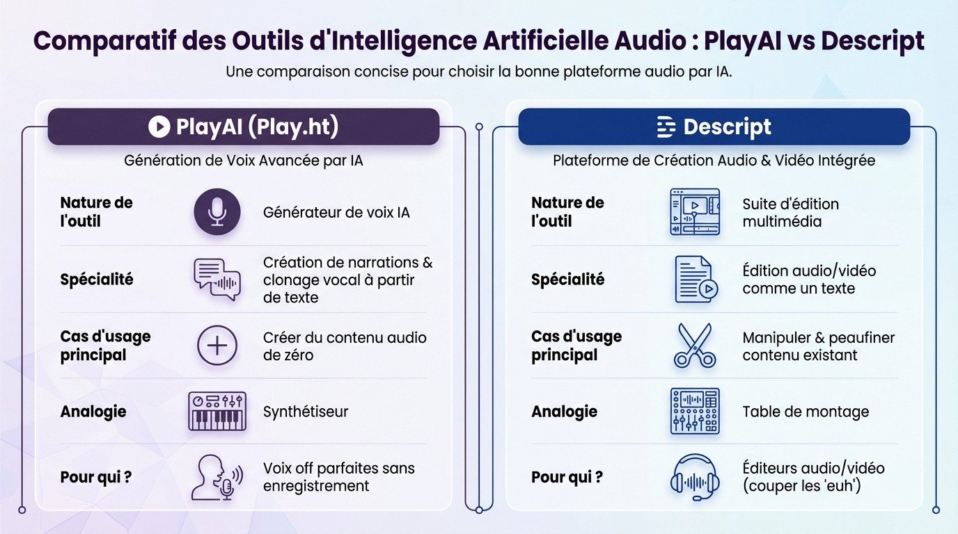 Comparatif entre PlayAI et Descript pour la création audio et vidéo par IA